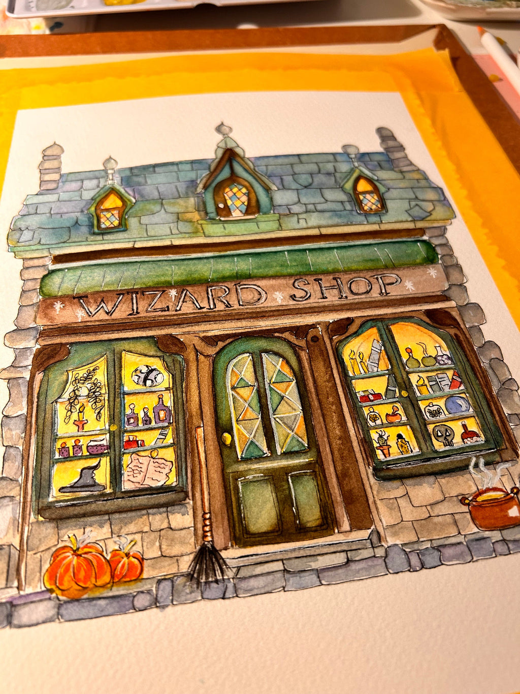 Impression Aquarelle Wizard Shop A4 | Illustration Fantastique Magique