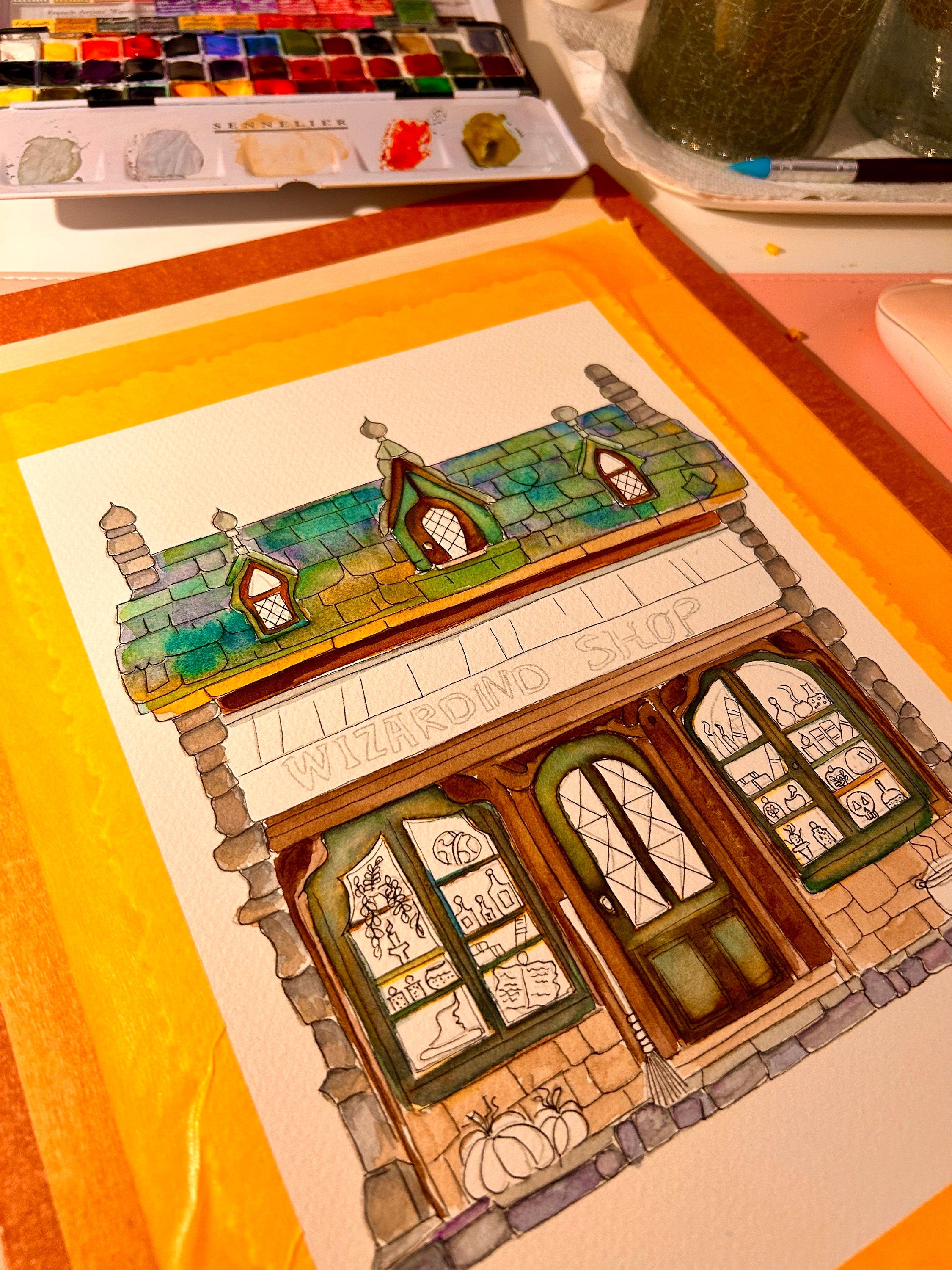 Impression Aquarelle Wizard Shop A4 | Illustration Fantastique Magique