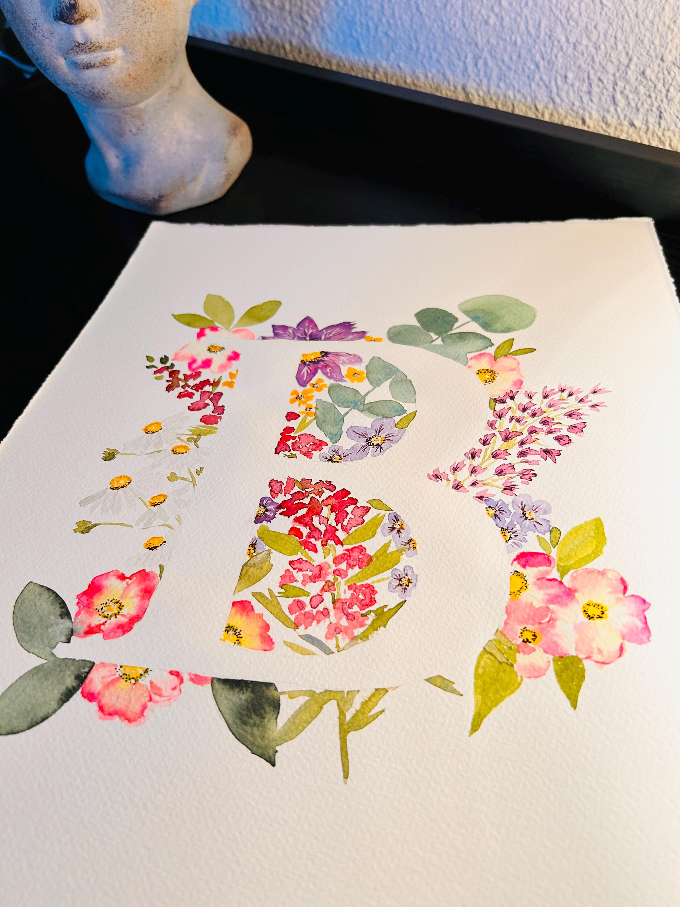 Monogramme Floral Lettre B Original | Aquarelle Peinte à la Main sur Papier Coton