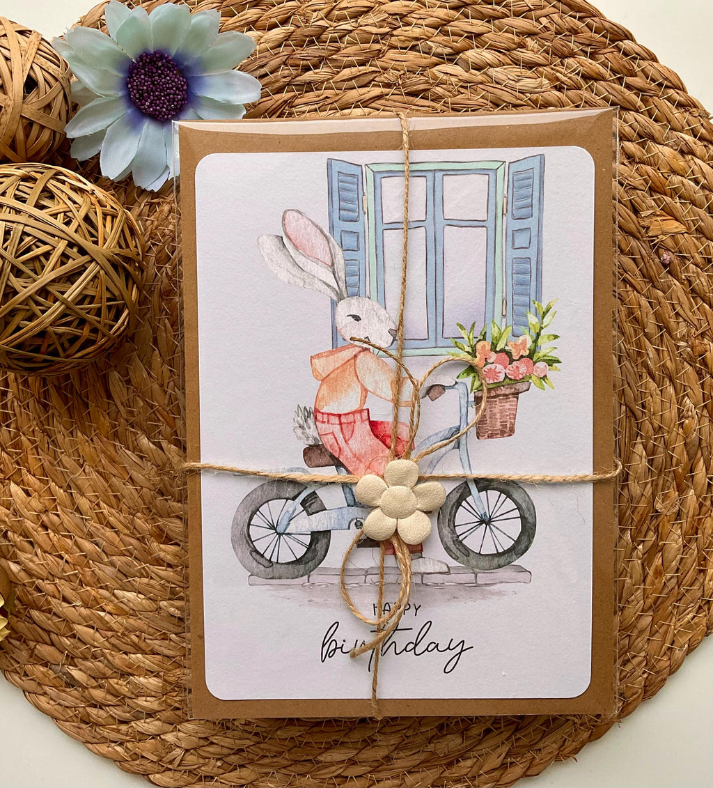 Carte Anniversaire Lapin à Vélo Aquarelle | Illustration Joyeuse A5 + Enveloppe