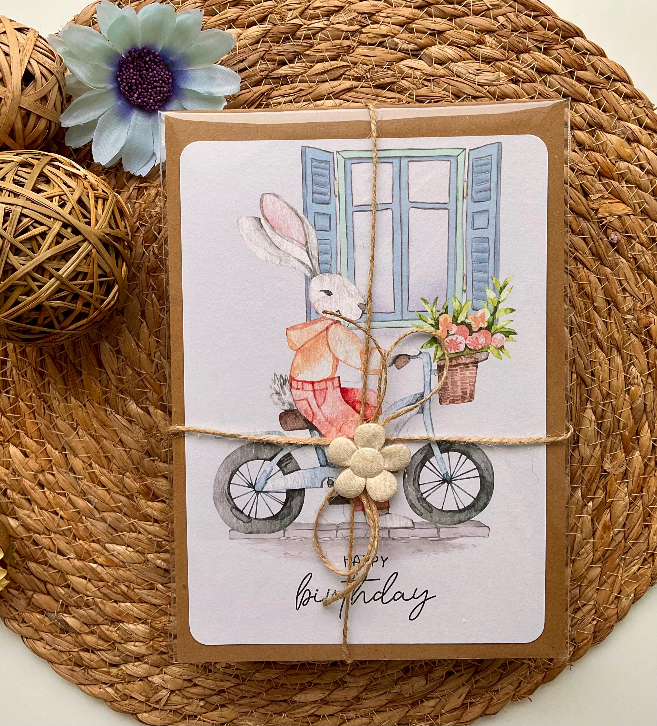 Carte Anniversaire Lapin à Vélo Aquarelle | Illustration Joyeuse A5 + Enveloppe