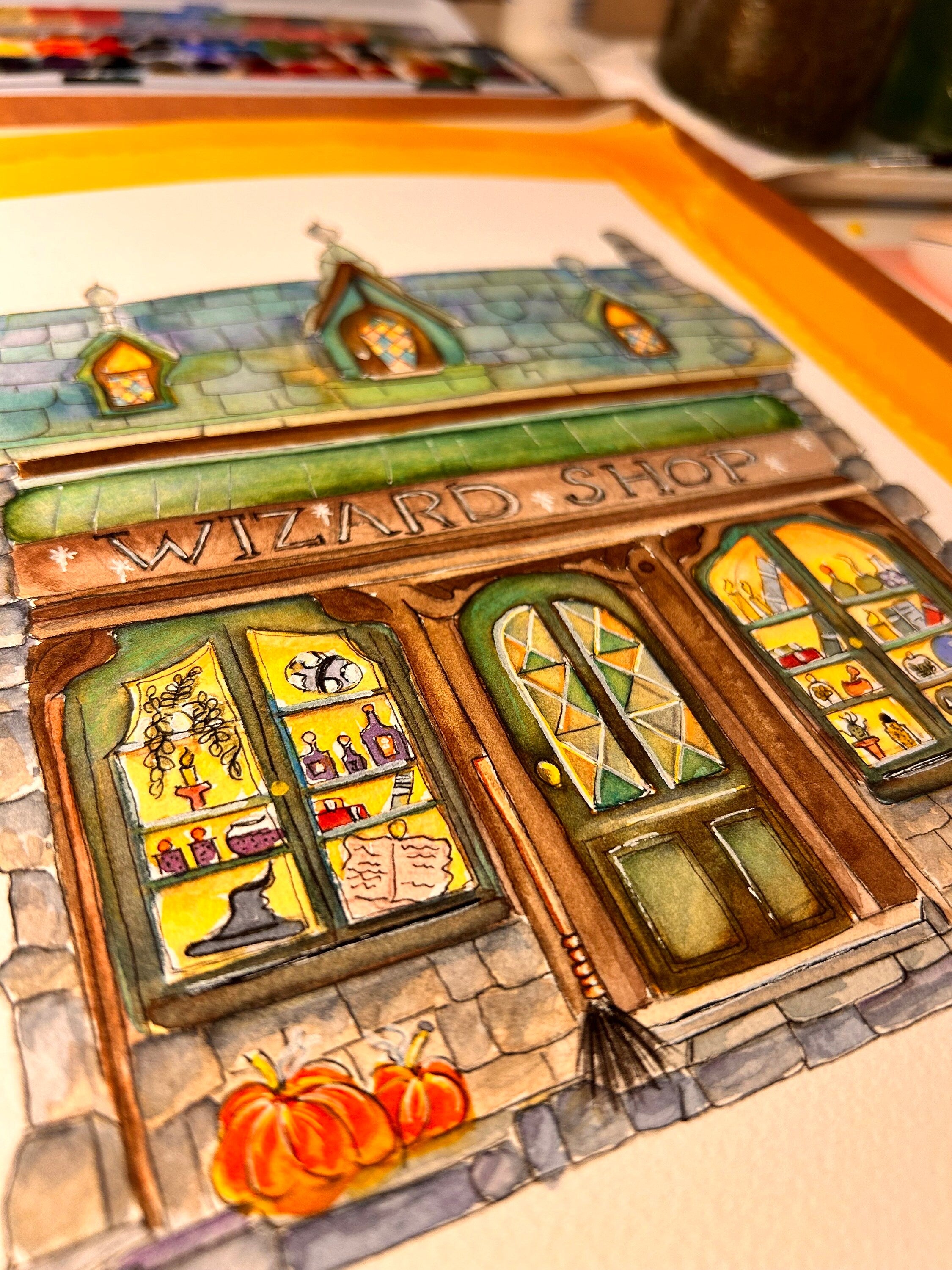 Impression Aquarelle Wizard Shop A4 | Illustration Fantastique Magique