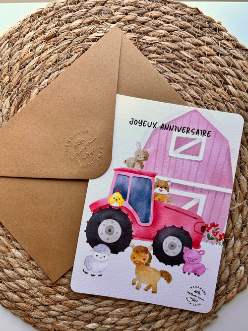 Carte Anniversaire Animaux de la Ferme | Aquarelle Enfant + Enveloppe