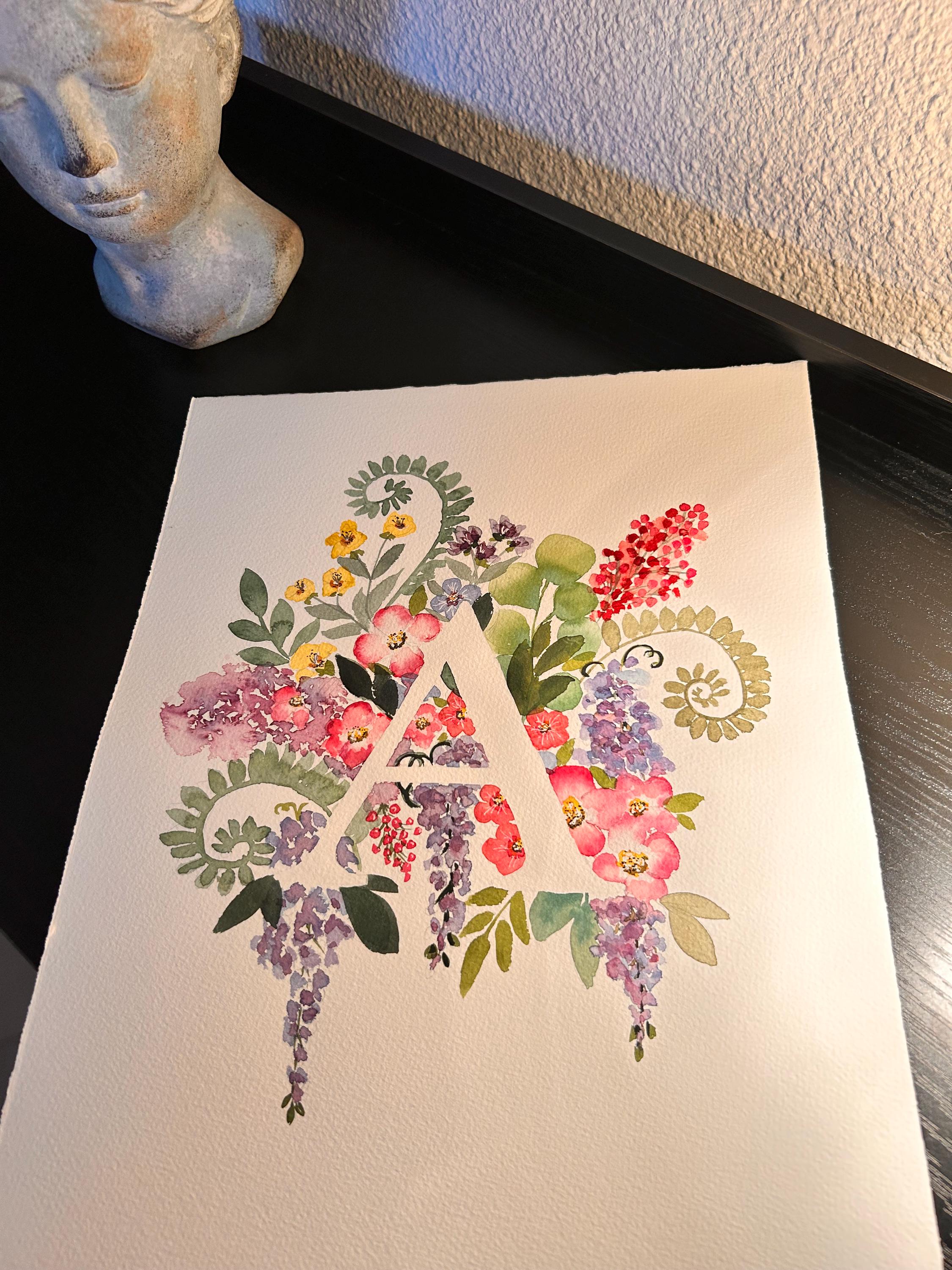 Monogramme Floral Original | Aquarelle Peinte à la Main sur Papier Coton (28 x 38 cm)