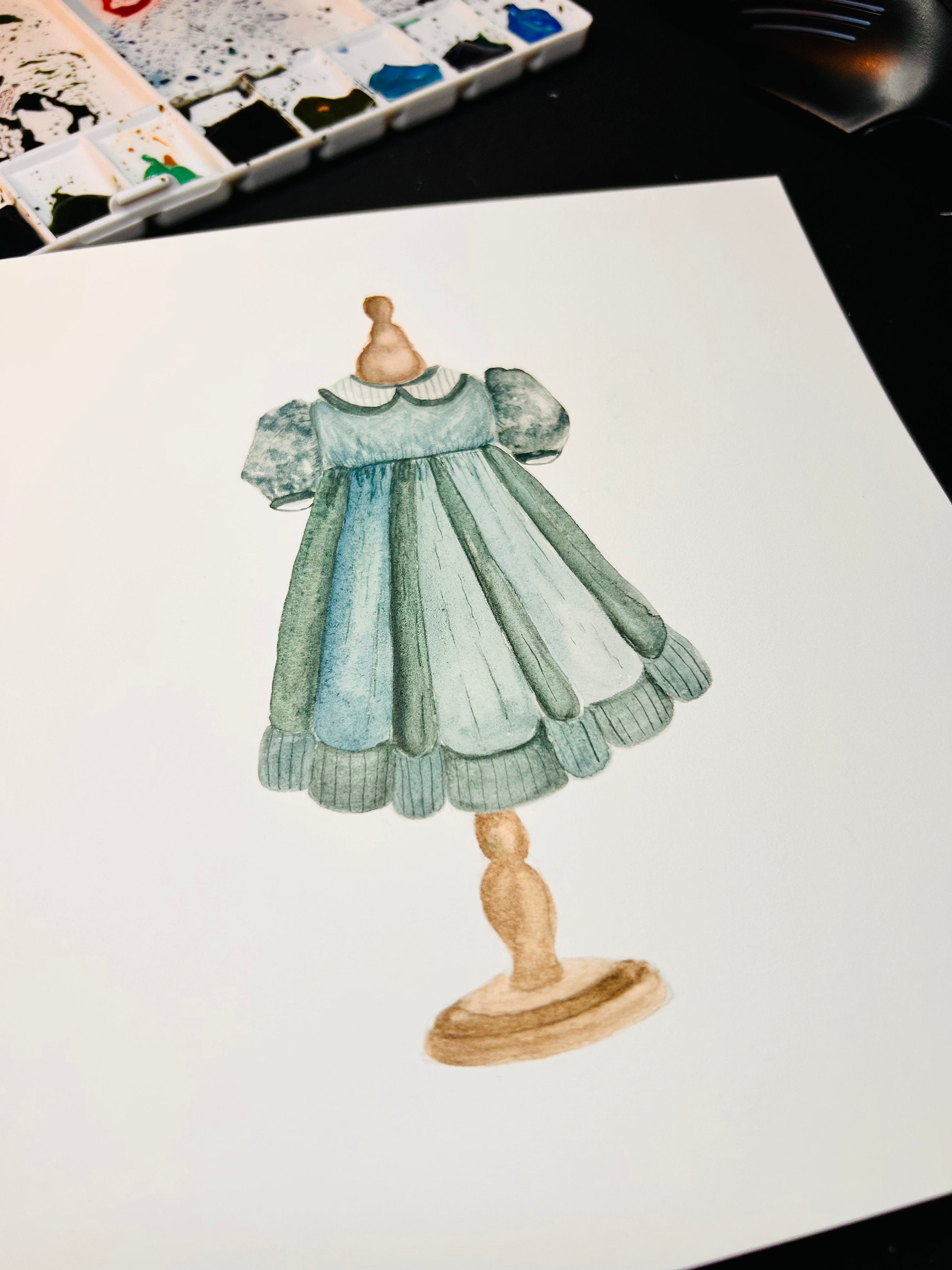 Impression Aquarelle Robe Bleue A5 | Illustration Mode Élégante