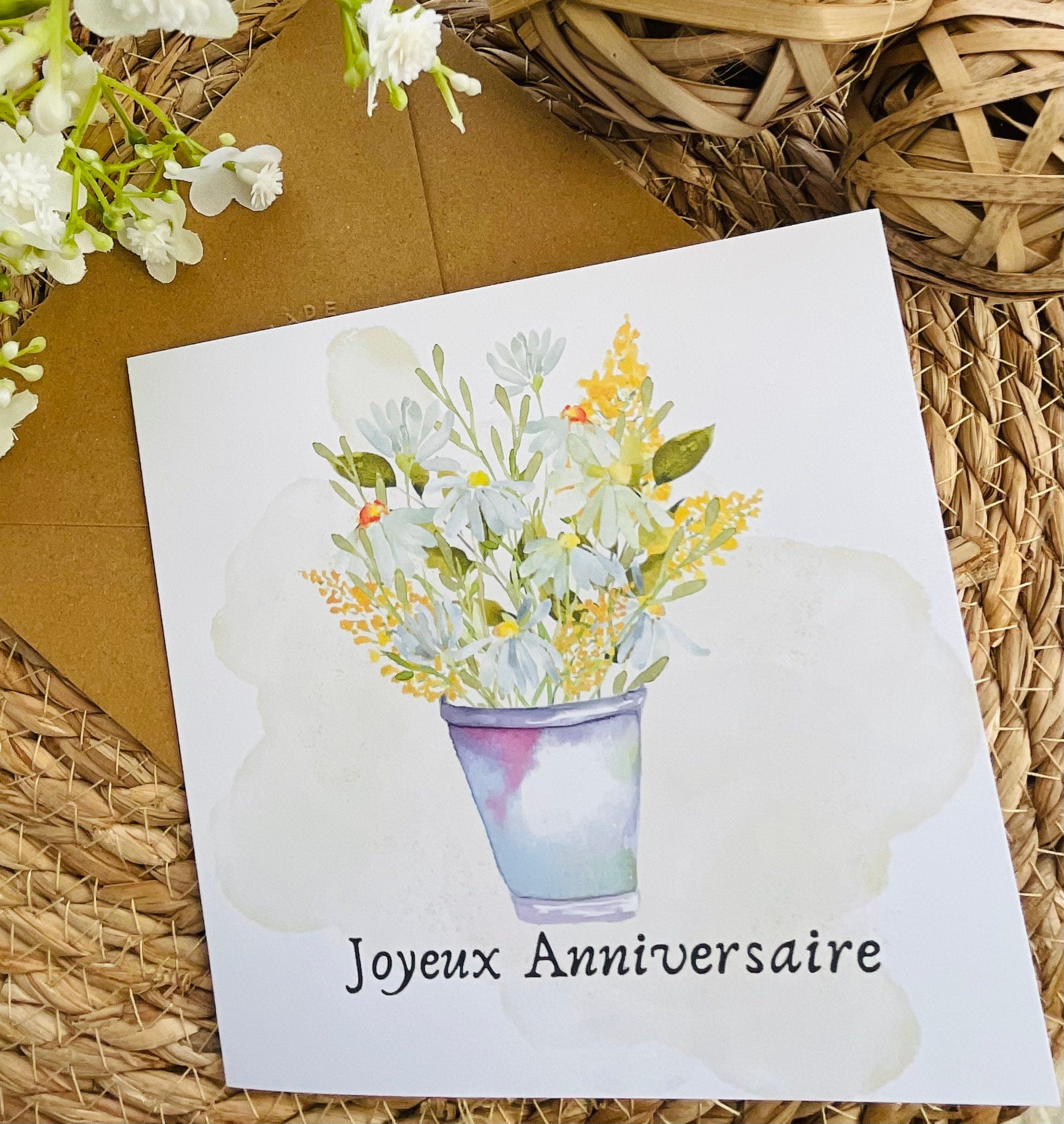 Carte Anniversaire Florale Aquarelle | Illustration Originale + Enveloppe