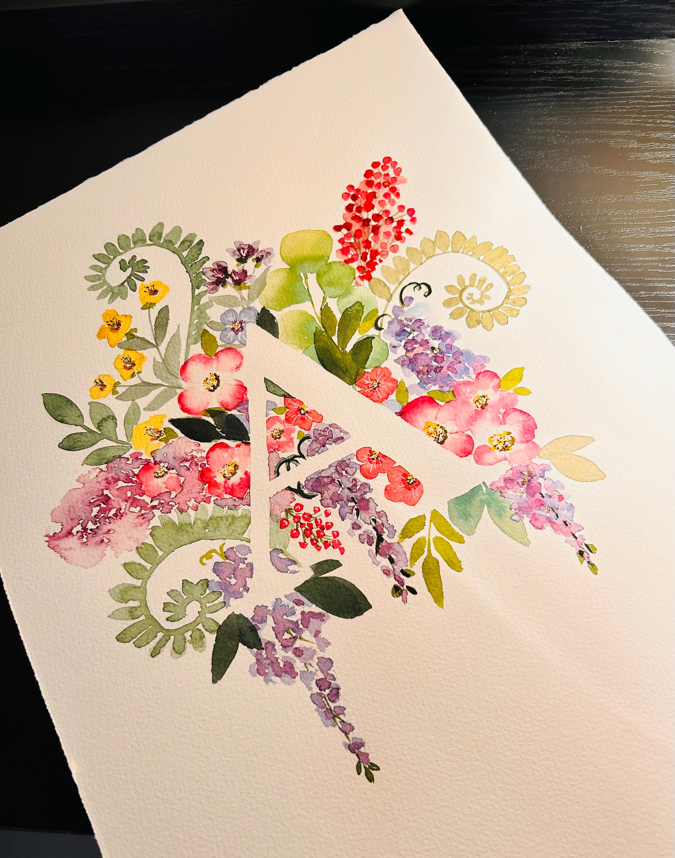 Monogramme Floral Original | Aquarelle Peinte à la Main sur Papier Coton (28 x 38 cm)