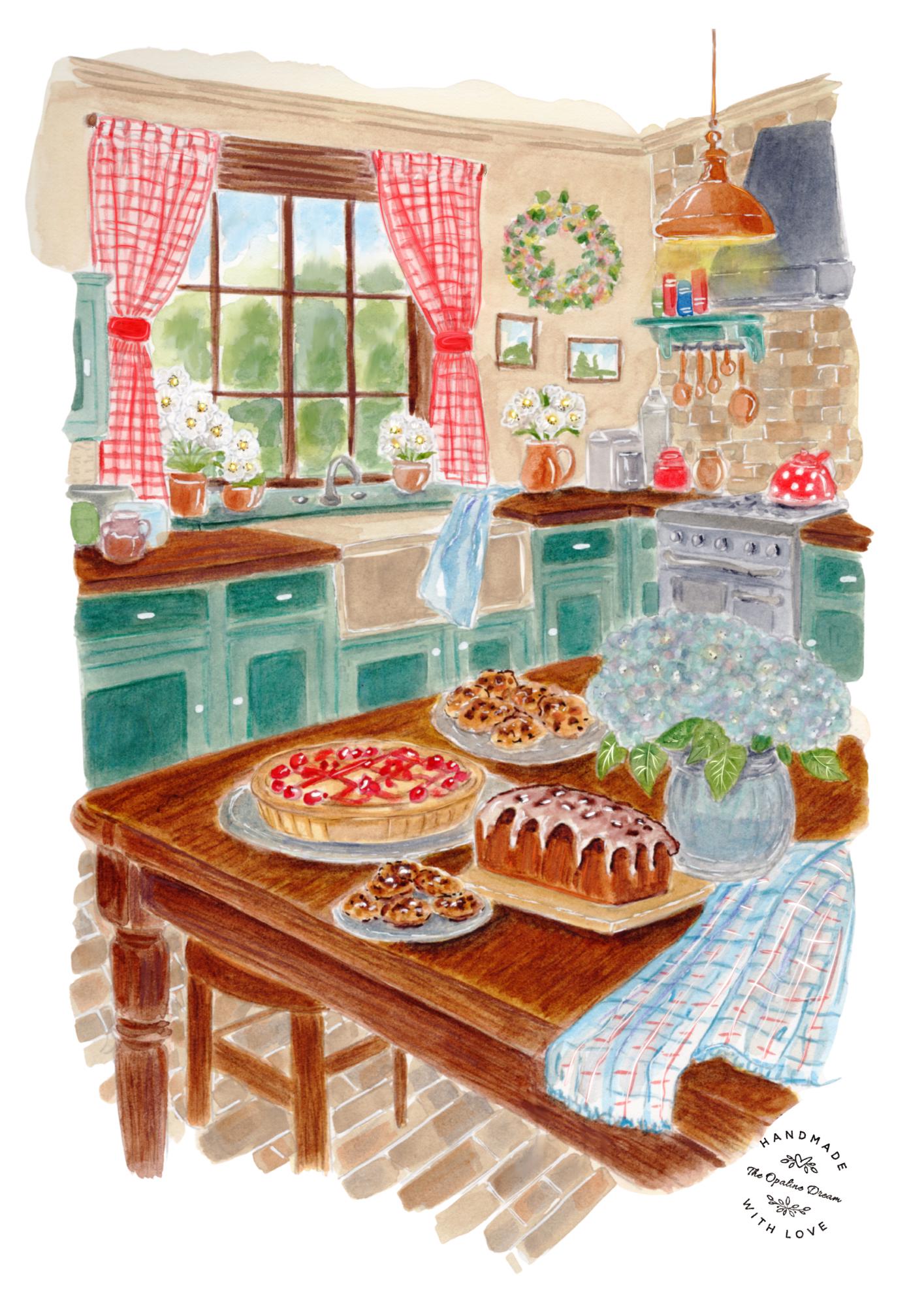 Impression Aquarelle Cuisine de Campagne A4 | Illustration Décorative Chaleureuse