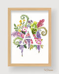 Monogramme Floral Original | Aquarelle Peinte à la Main sur Papier Coton (28 x 38 cm)