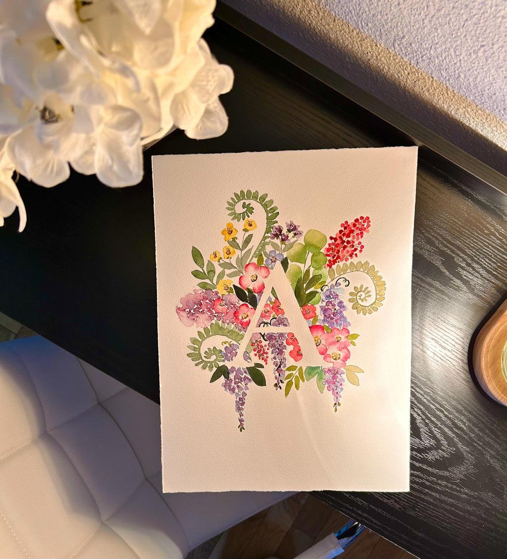 Monogramme Floral Original | Aquarelle Peinte à la Main sur Papier Coton (28 x 38 cm)