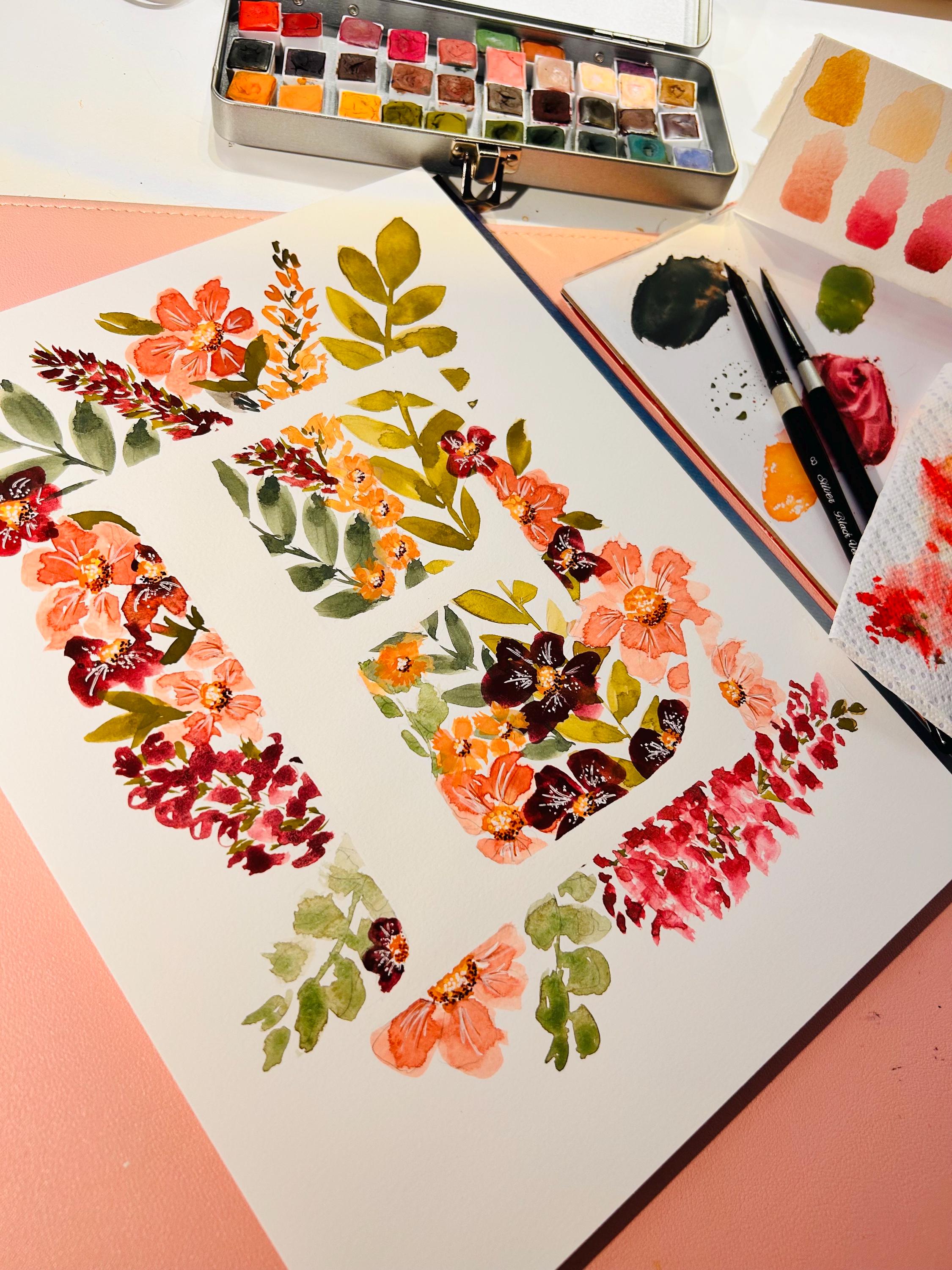 Monogramme Original | Aquarelle Peinte à la Main sur Papier Coton (23 x 30 cm)