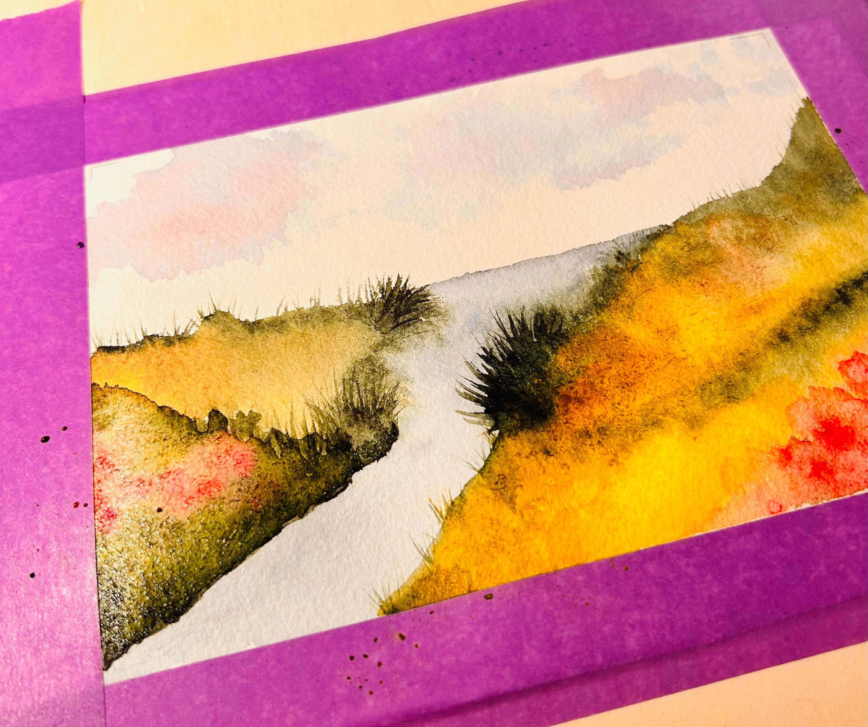 Aquarelle Originale Paysage Encadrée | Peinture sur Papier Coton avec Cadre