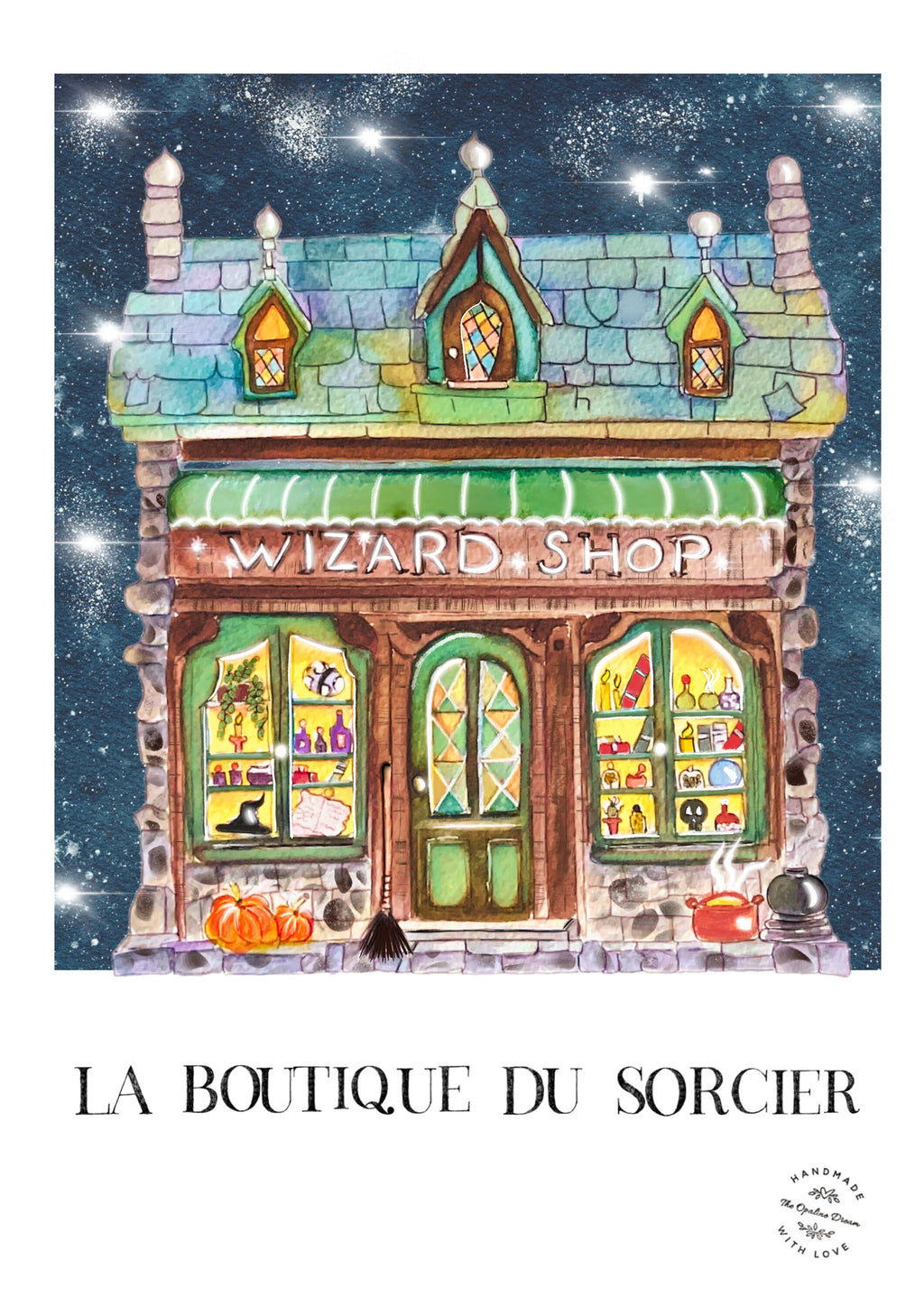 Impression Aquarelle Wizard Shop A4 | Illustration Fantastique Magique