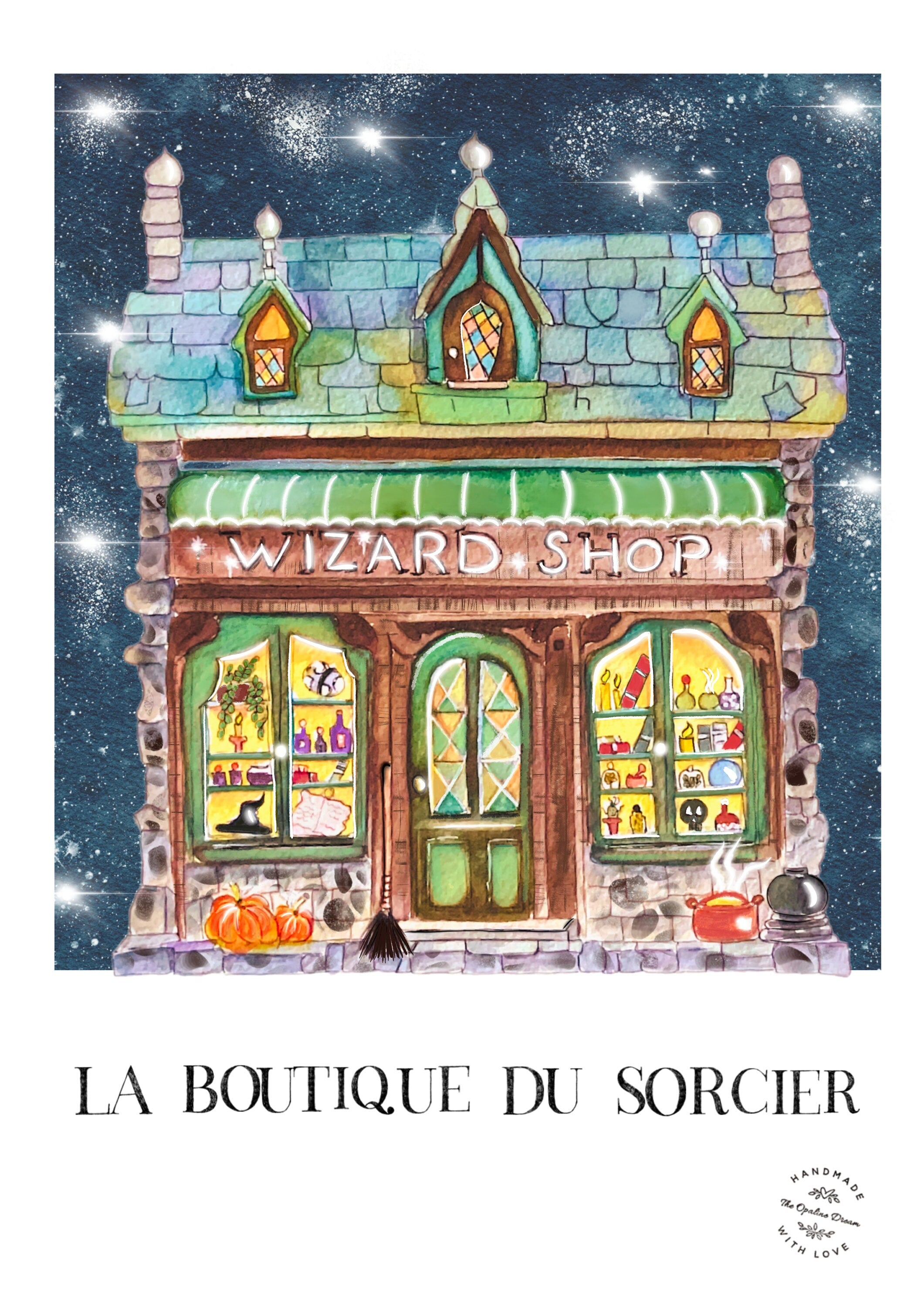 Impression Aquarelle Wizard Shop A4 | Illustration Fantastique Magique