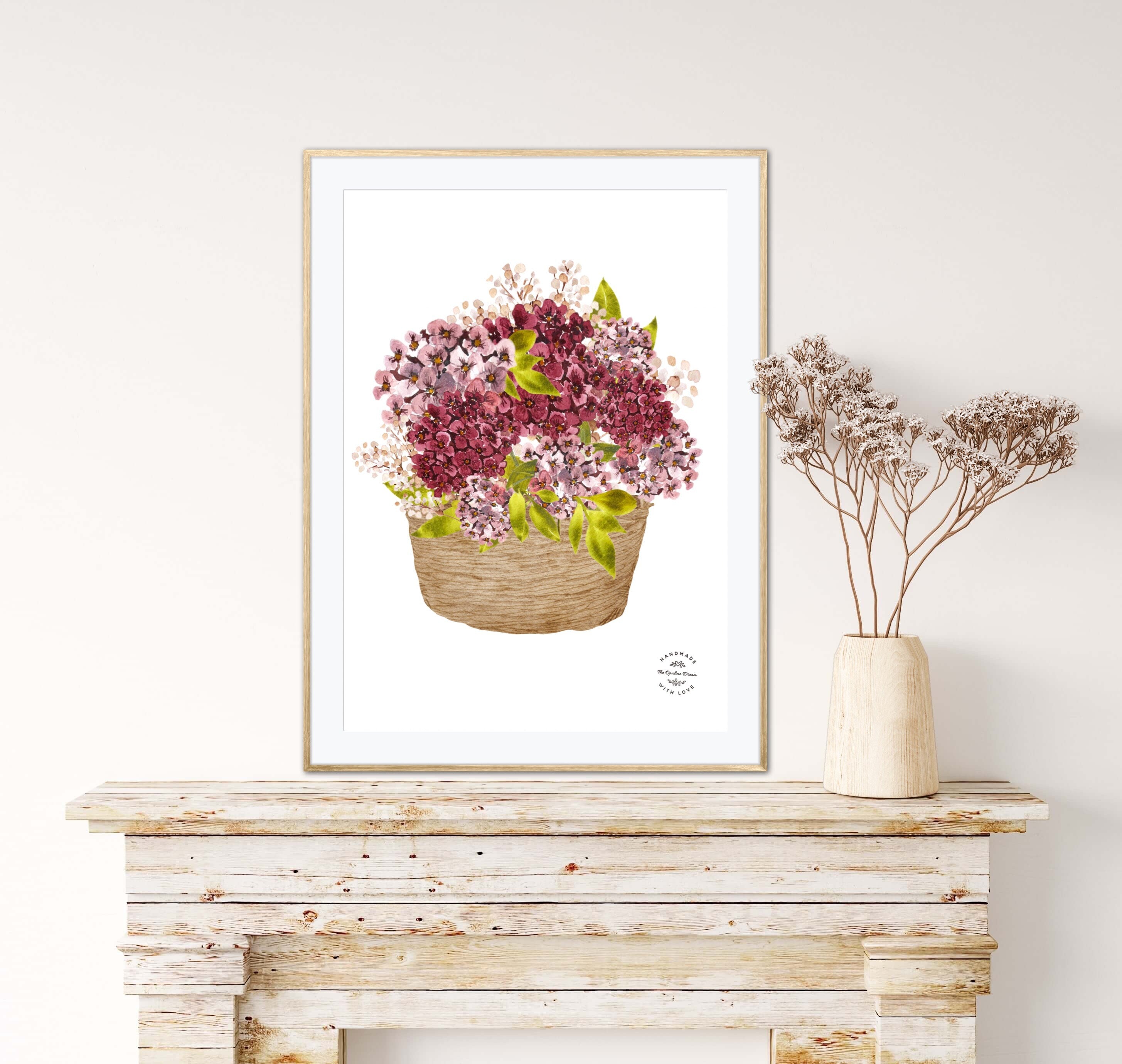 Impression Aquarelle Panier d'Hortensias A4 | Illustration Florale