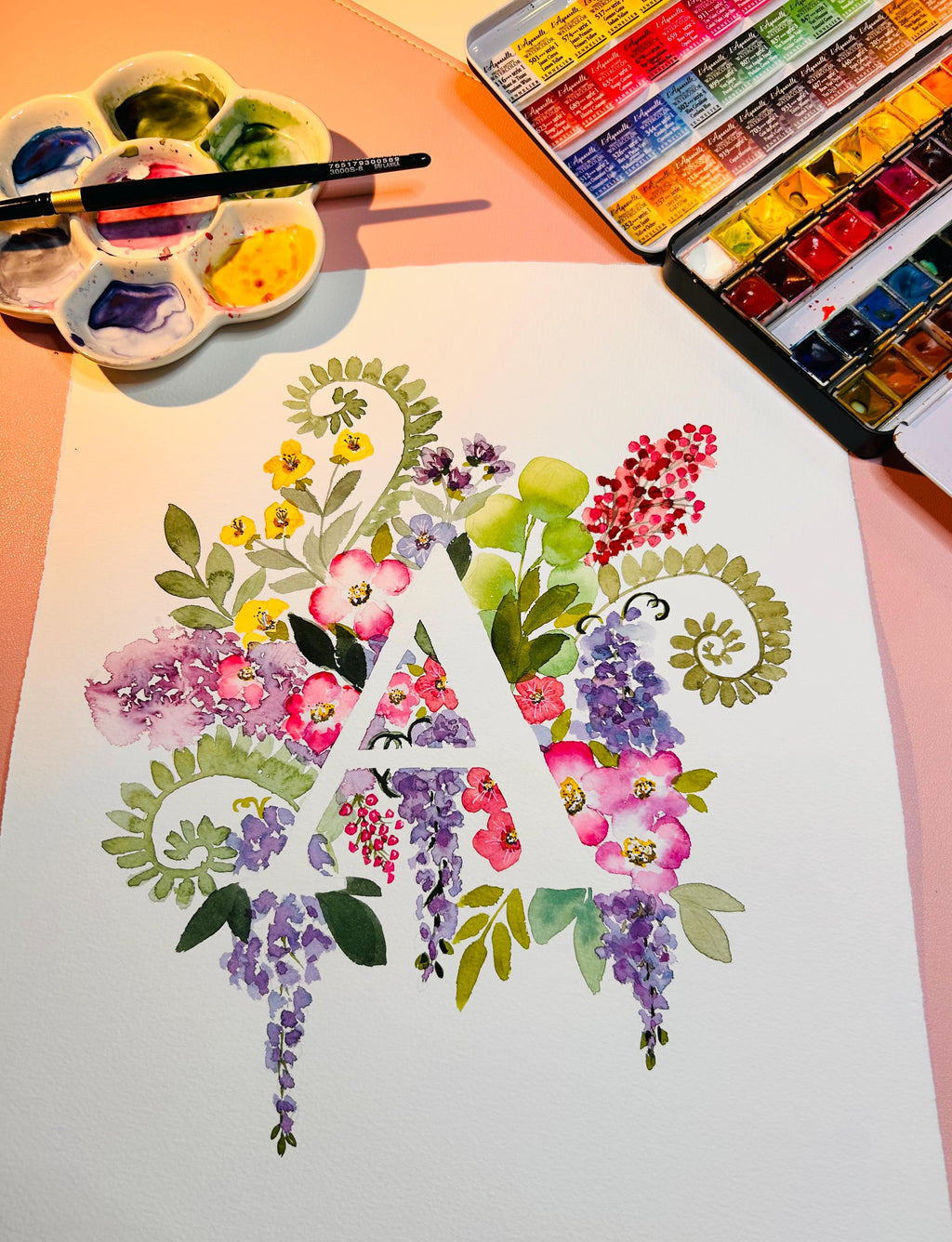 Monogramme Floral Original | Aquarelle Peinte à la Main sur Papier Coton (28 x 38 cm)