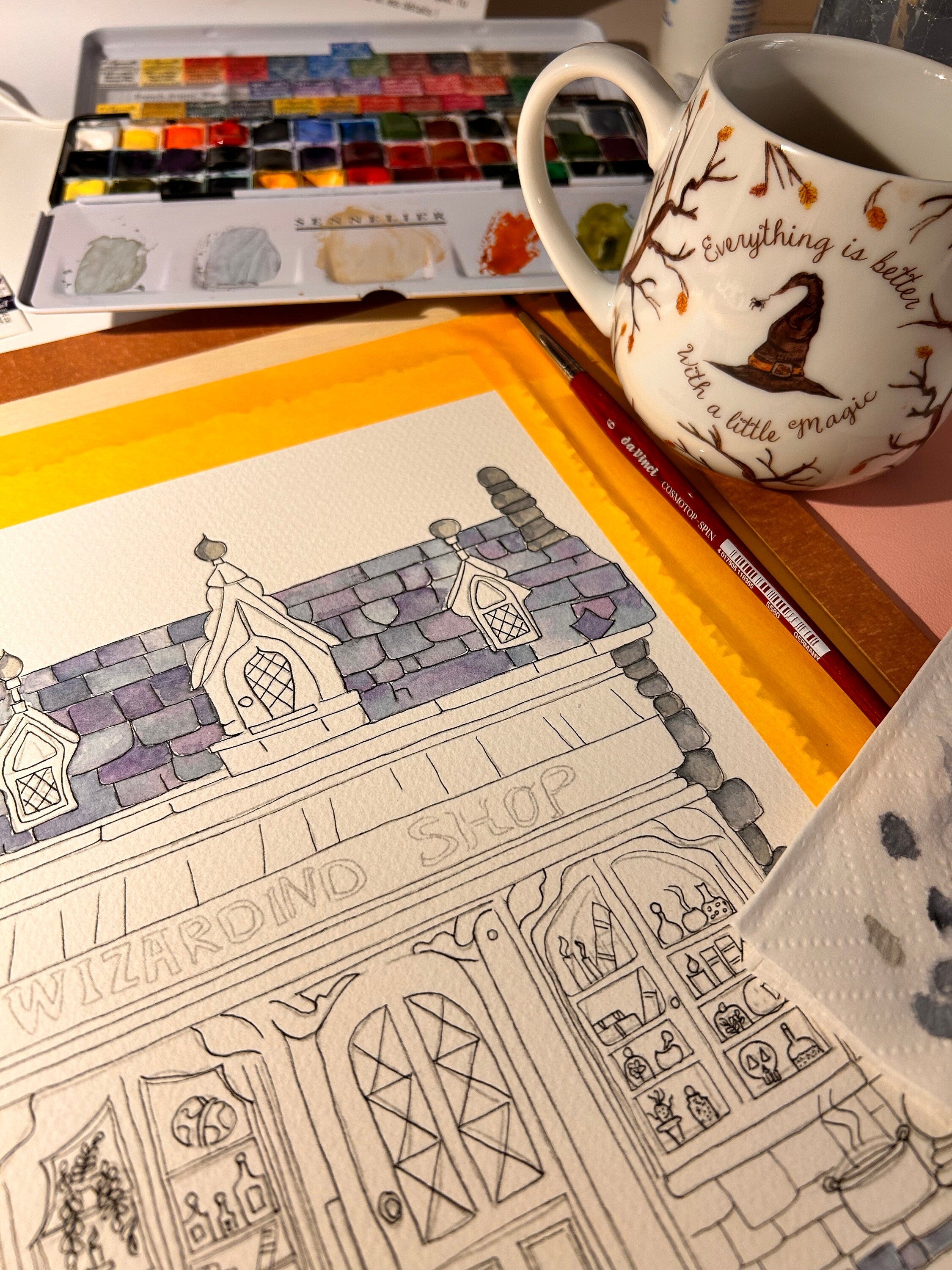 Impression Aquarelle Wizard Shop A4 | Illustration Fantastique Magique