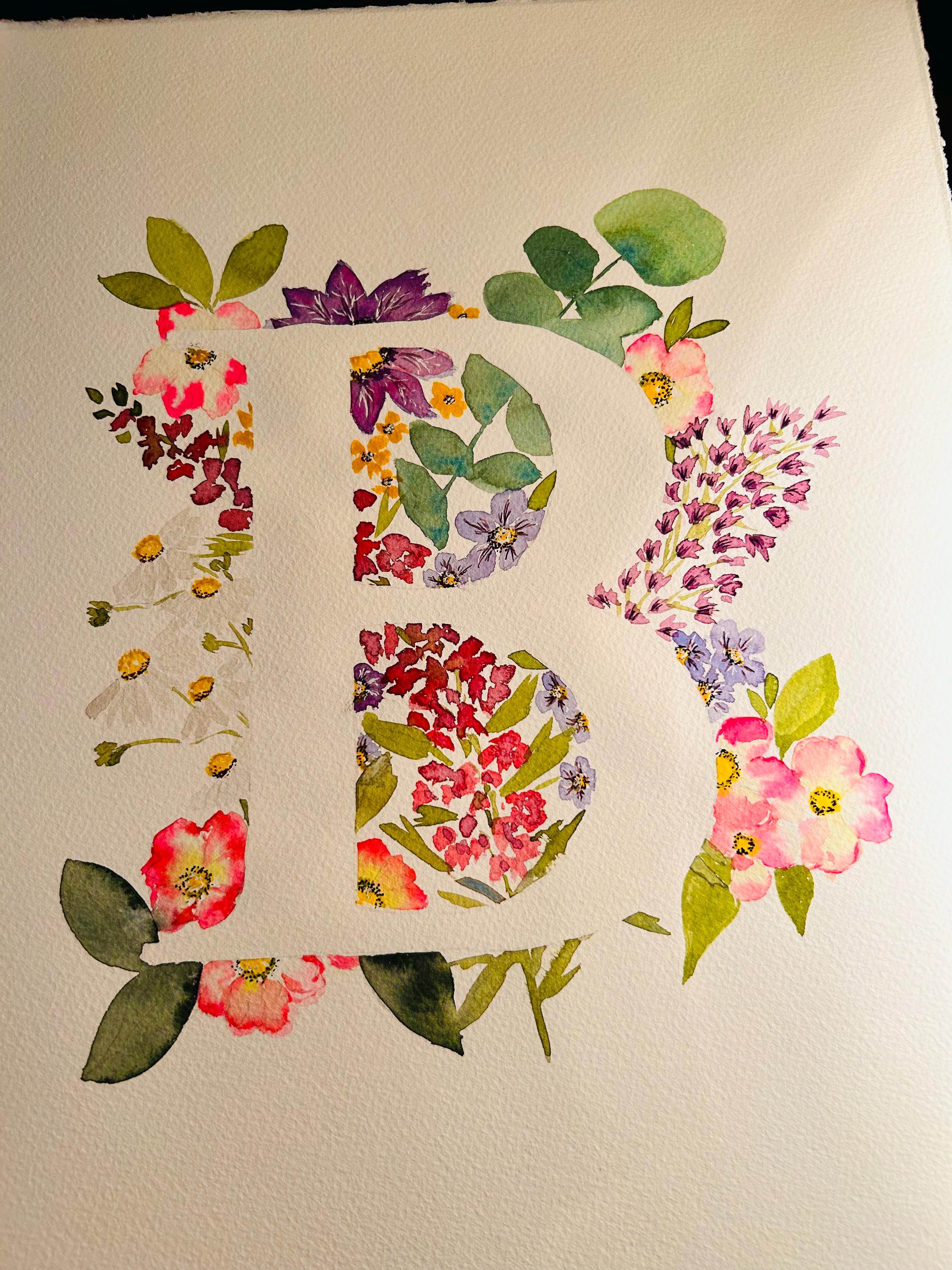 Monogramme Floral Lettre B Original | Aquarelle Peinte à la Main sur Papier Coton