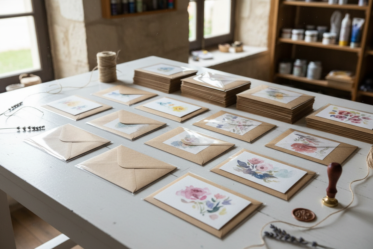 Cartes aquarelle emballées avec soin