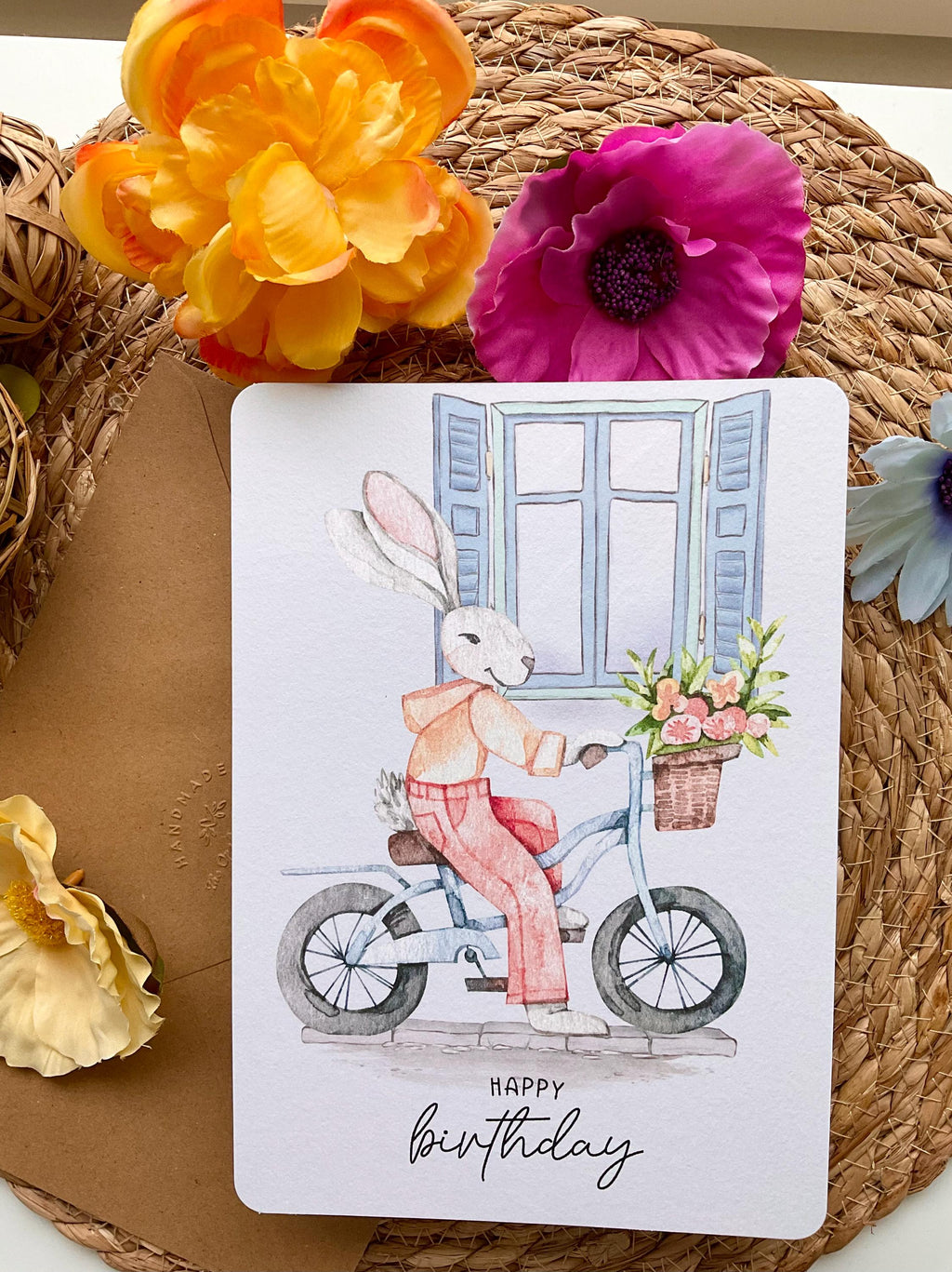 Carte Anniversaire Lapin à Vélo Aquarelle | Illustration Joyeuse A5 + Enveloppe