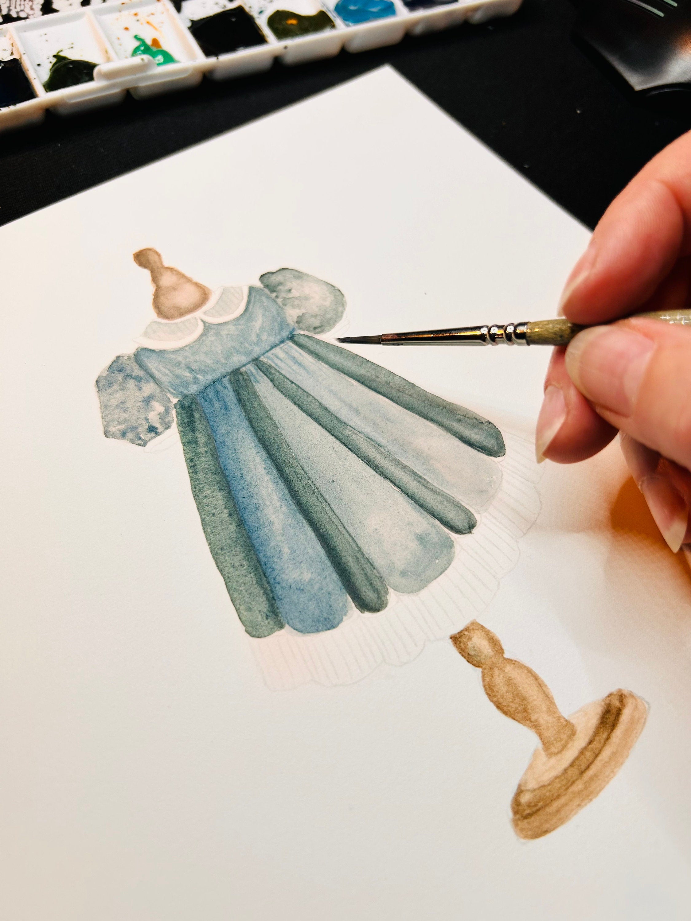 Impression Aquarelle Robe Bleue A5 | Illustration Mode Élégante