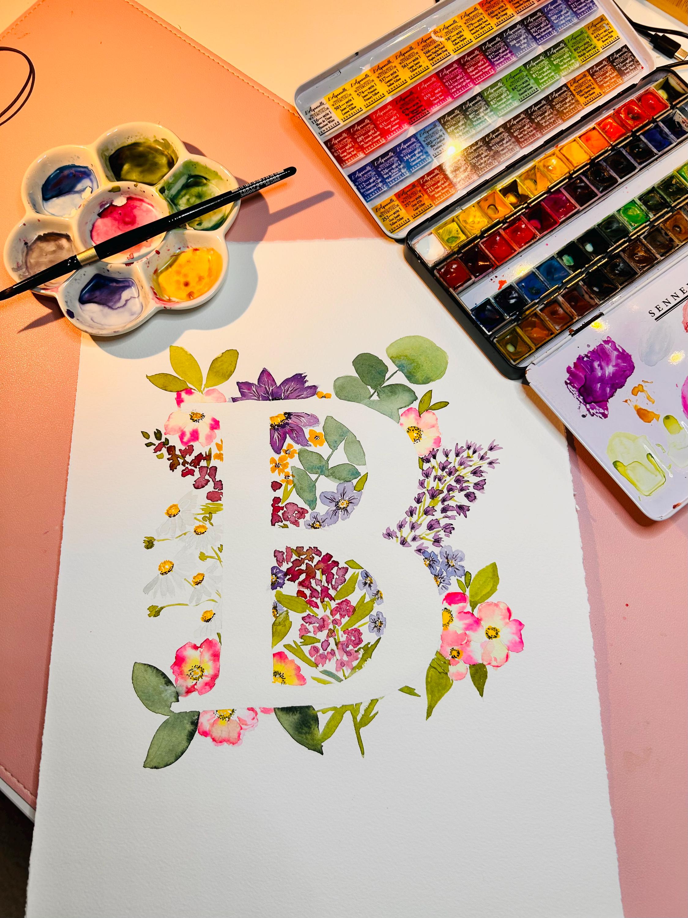 Monogramme Floral Lettre B Original | Aquarelle Peinte à la Main sur Papier Coton